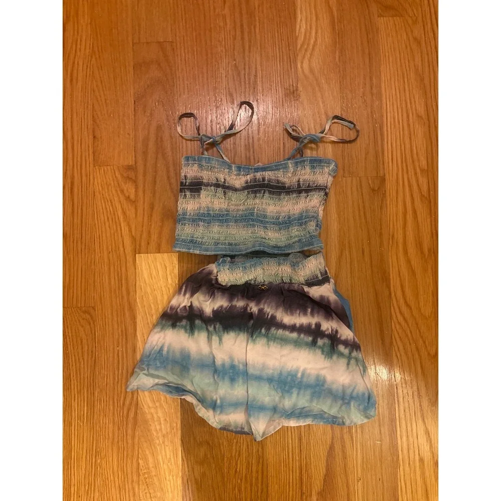 PQ Swim Kids Girls Blue Tie Dye Smocked Bandeau Top and Shorts Set Size XS